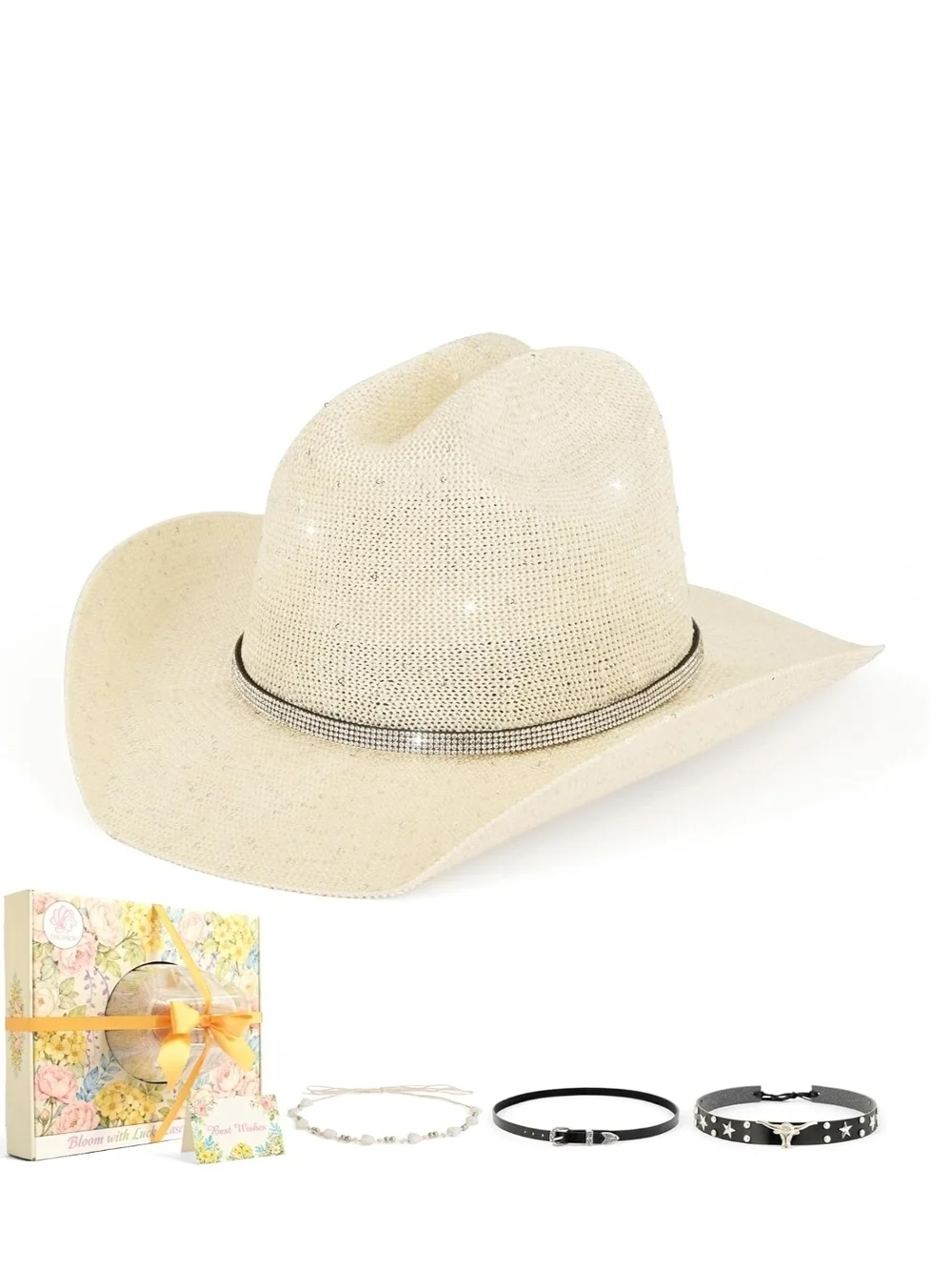 Women’s Bling Straw Cowboy Hat - Cream - Picture 2 of 6